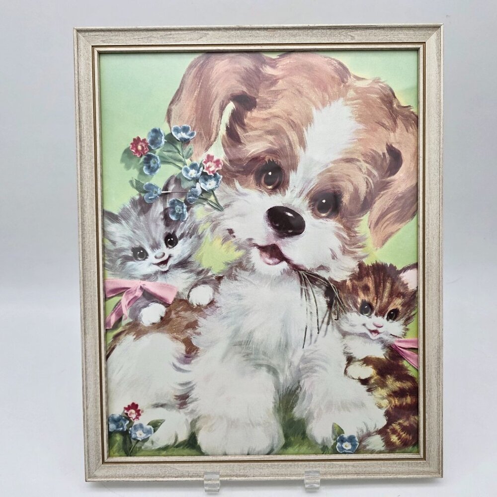 Vintage Framed Puppy & Kittens Print Wall Art Retro Illustration Wooden Frame 50